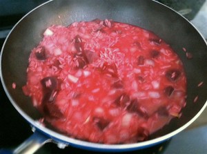 The risotto after adding the beets