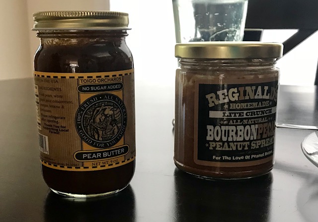 Pear Butter and Pecan-Bourban-Peanut Butter jars